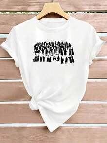 Camiseta de manga corta con cuello redondo de tela elástica ligera y no transparente con estampado de silueta de estilo retro, ideal para primavera, verano y otoño, regalo perfecto para ellaComfortable, versatile short-sleeved top. - Blanco - Ver 1