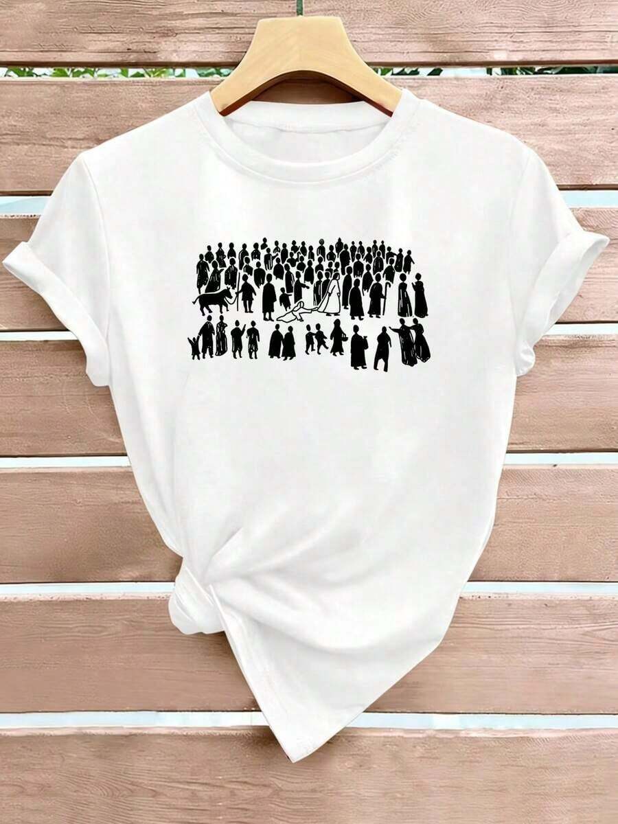 Camiseta de manga corta con cuello redondo de tela elástica ligera y no transparente con estampado de silueta de estilo retro, ideal para primavera, verano y otoño, regalo perfecto para ellaComfortable, versatile short-sleeved top. - Blanco - Ver 1