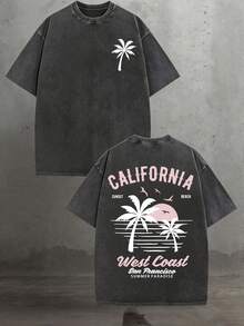 1 pieza Camiseta de manga corta de cuello redondo oversize unisex desgastada y lavada, 100% algodón pesado de 220g, diseñada por artistas Y2K estilo americano vintage, estampado gráfico de nombres de ciudades, ideal para uso diario, conciertos y festivales - Negro - Ver 6