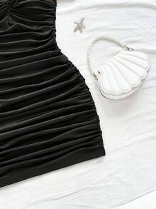 Vestido mini ajustado de punto rojo con hombros descubiertos para mujer, diseño con espalda calada, adecuado para vacaciones, citas, té de la tarde, temporada de bodas, playa, crucero, vacaciones en la ciudad, vacaciones bohemias, festivales de - Negro - Ver 7