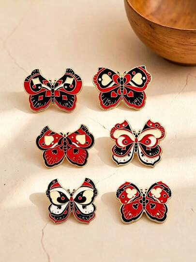 1/6pcs Niche Playing Card Butterfly Brooch, Red Heart, Square, Clover, Spade Series, Suitable For Commuting And Dating, Can Be Used As A Surprising Small Gift Brooch