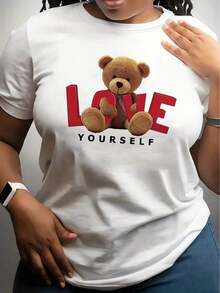 CHICLY19 Camiseta de Mujer con Estampado de Oso de Peluche "Ama a Ti Mismo", Linda Camiseta de Cuello Redondo con Estampado de Letras 3D, Corte Casual y Relajado, Top Suave y Transpirable de Mezcla de Algodón, Ropa de Autoamor Positiva para Uso Diario y Salidas Informales. - Blanco - Ver 1