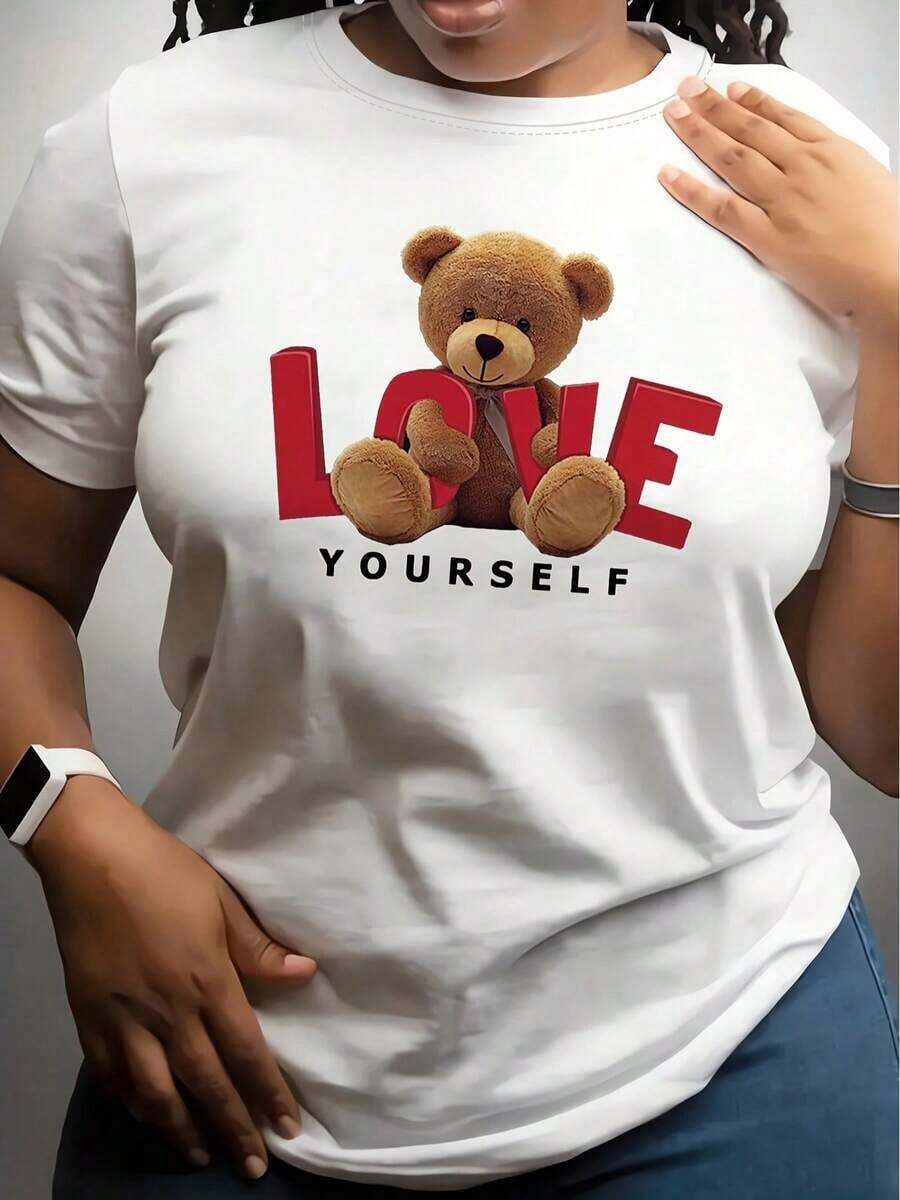 CHICLY19 Camiseta de Mujer con Estampado de Oso de Peluche "Ama a Ti Mismo", Linda Camiseta de Cuello Redondo con Estampado de Letras 3D, Corte Casual y Relajado, Top Suave y Transpirable de Mezcla de Algodón, Ropa de Autoamor Positiva para Uso Diario y Salidas Informales. - Blanco - Ver 1