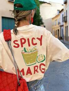 Short-Sleeved T-Shirt With Round Neck And Italian Drink Print, New And Casual, Lifestyle, Fashionable And Versatile For Women's Casual Wear In White - 杏 - 查看 6