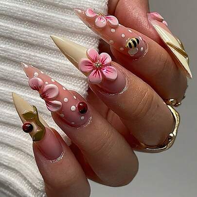 24Pcs French Tip Acrylic Long Stiletto Press On Nails 3D Pink Flower Bee Ladybug Decoration Glossy Full Cover Fake Nails Cute Sweet Style Nail Art For Women Daily Wear