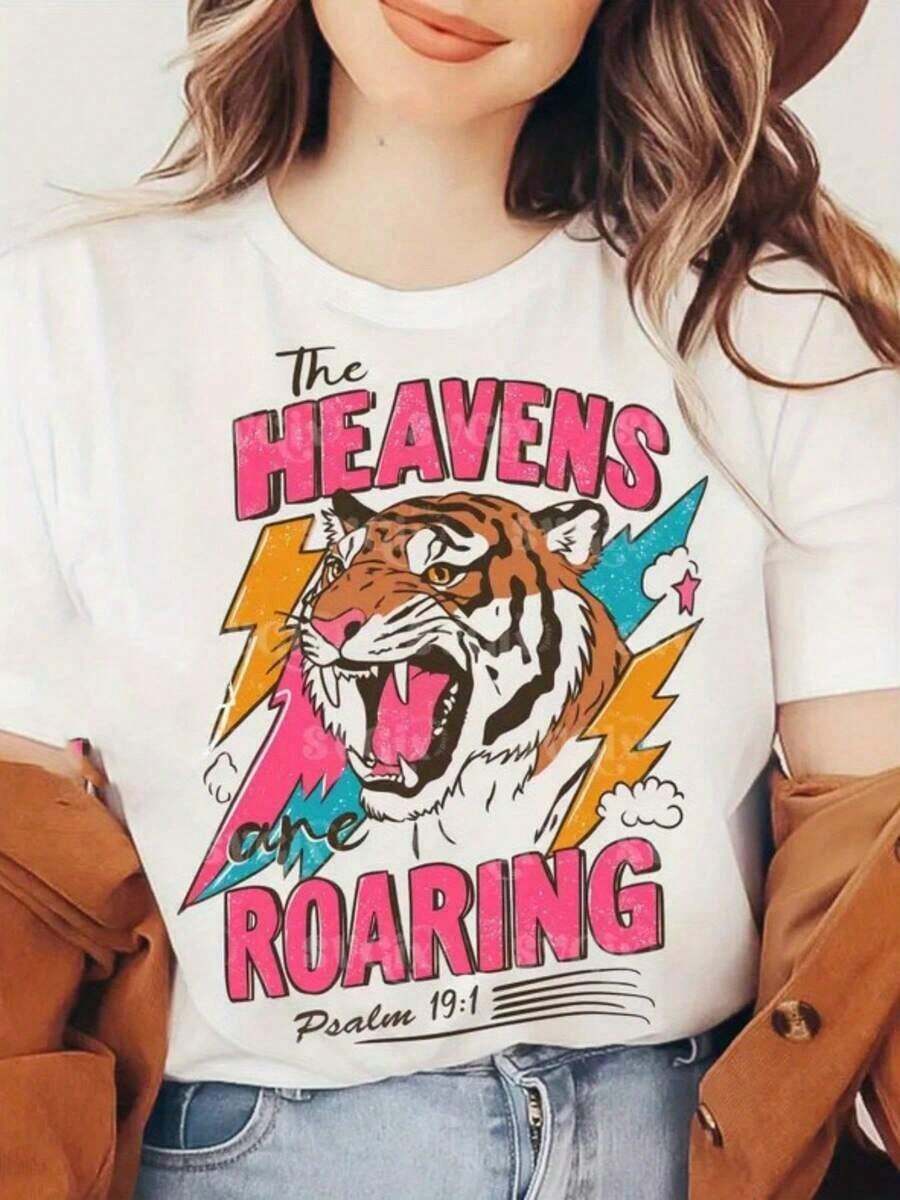 1 pieza de camiseta casual estampada de talla grande para mujer - con diseño de "Sky Roar", mangas cortas y cuello redondo, corte holgado, ideal para primavera y verano, adecuada para viajes a la playa y uso diario, camiseta de manga corta para playa, 180g, 100% algodón suave. - Blanco - Ver 1