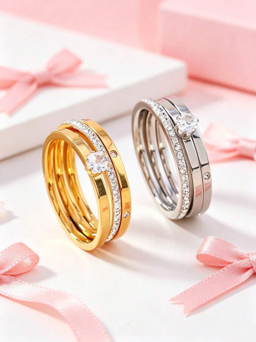 3pcs/Set Fashionable Luxury Delicate Stainless Steel Rhinestone & Cubic Zirconia Rings Set, Suitable For Teenagers Daily Wear And Gift - Ring - View 1