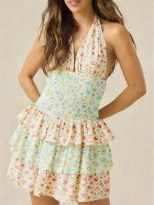 Womens Floral Mini Dress Summer Halter Backless Preppy Smocked Waist Short Ruffle Dress Picnic Beach - 彩色 - 查看 1