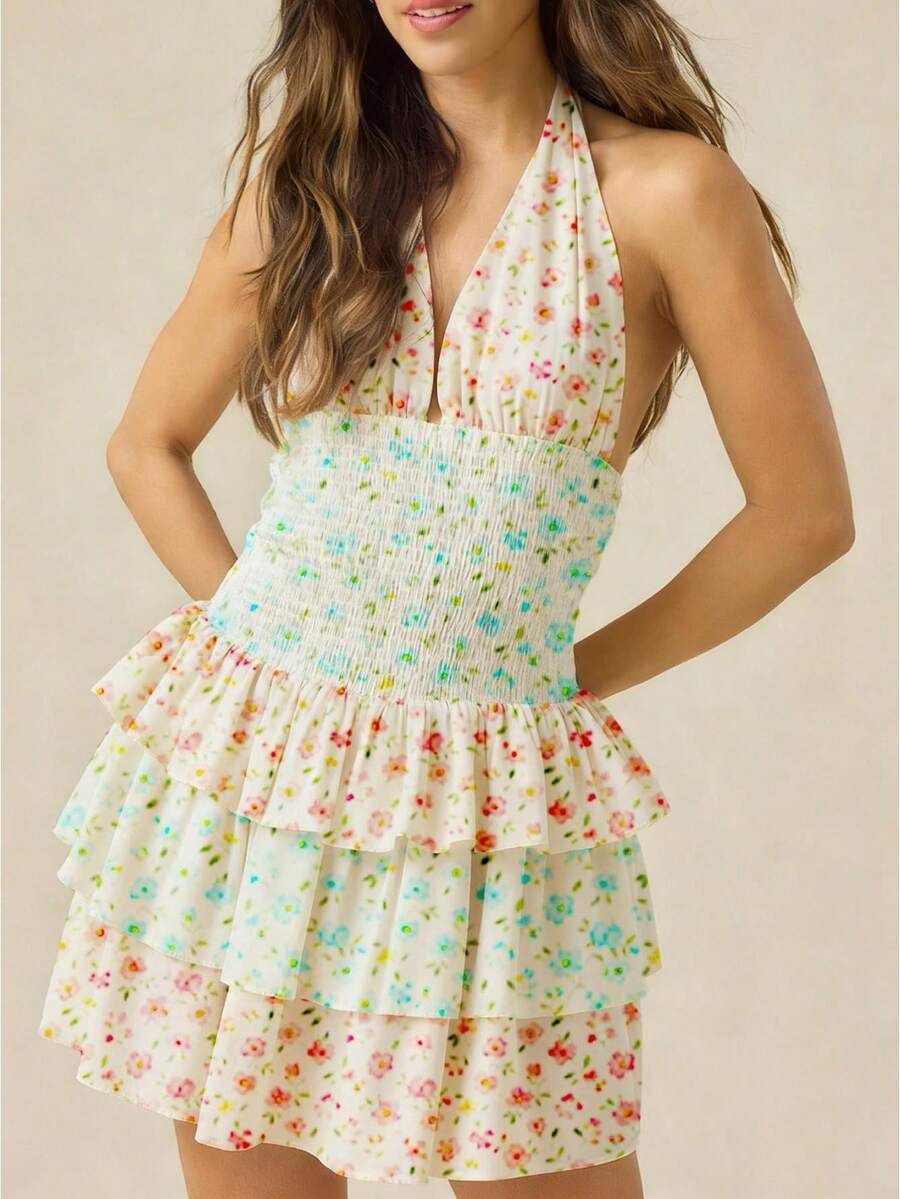 Womens Floral Mini Dress Summer Halter Backless Preppy Smocked Waist Short Ruffle Dress Picnic Beach - 彩色 - 查看 1