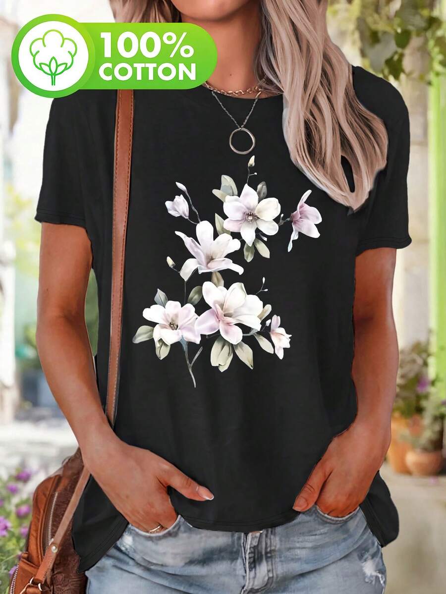 Plus Size Women's Casual Short Sleeve T-Shirt - Elegant Watercolor Magnolia Floral Print, Crew Neck, Machine Washable And Breathable For Casual Wear, All Season Clothing, Semi-Sheer Material, Pure Cotton T-Shirt - 黑色 - 查看 1