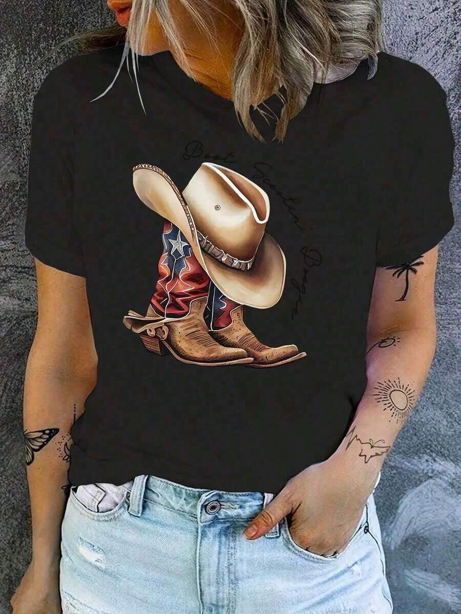 Women's T-Shirts Western Style Printed T-Shirt For Women | Denim Boots And Hat Design, 'Best Season' Text, Machine Washable, Casual Wear For All Seasons, Stylish Gift For Parties And Holidays. - 黑色 - 查看 1