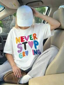 1 pieza Camiseta de manga corta para mujer, informal, holgada, con cuello redondo, estampado de letras de colores simples, para uso diario en verano, camiseta gráfica blanca para mujer, 180g, 100% algodón. - Blanco - Ver 6