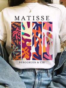 Crew Neck T-Shirt With A Matisse-Themed Abstract Art Print, Featuring A Creative Design, Short Sleeves, A Casual Style, And A Standard Fit, Suitable For Spring And Autumn. Hand Washing Is Recommended. Ideal For Business Casual Meetings And Everyday Wear. T-Shirt, Sweatshirt, Casual Wear, Y2K Style, Y2K Style Sportswear, Crew Neck, 100% Cotton, Soft Fabric, Short Sleeves. - 白色 2 - 查看 1
