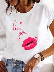 Camiseta Casual de Cuello Redondo para Mujer con Diseño de Corazón "Love You" - Blusa Blanca de Manga Corta, Mezcla Ligera de Poliéster, Perfecta para Primavera/Verano/Otoño, Ropa Casual|Diseño Divertido|Camiseta Ligera Estilo Y2k - Blanco - Ver 10