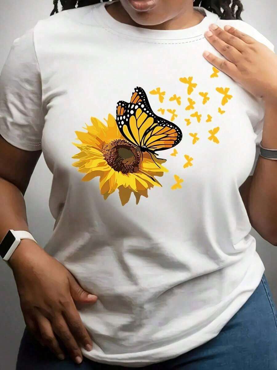 Women's Tops, Mother's Day Outfit, Women's T-Shirt With Floral Butterfly Print - 100% Polyester, Casual Crew Neck, Slightly Stretchy, Knit Fabric Suitable For All Seasons. Women's Clothing, Breathable Cotton T-Shirt, Free Shipping, Goes With Everything - 白色 - 查看 1