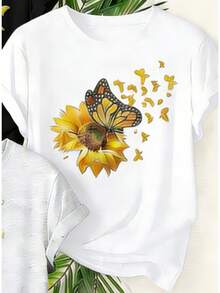 Women's Casual Crew Neck T-Shirts In Black, White, And Gray, Short-Sleeved With A Sunflower And Butterfly Print, Soft And Comfortable - Perfect Exclusive Gift For New Year's/Valentine's Day/Easter. Loose-Fitting, Casual, And Versatile T-Shirt. Single Piece, Not A 3-Piece Set. - 白色 - 查看 2