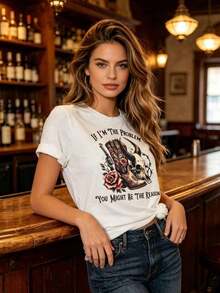 Western Cowgirl Style. If I'm The Problem, You Could Be The Reason. Women's Graphic Print T-Shirt - Casual Short-Sleeve Crew Neck Top For Spring And Summer, Cowgirl Print Tee. Cute, Perfect Fit. - 白色 - 查看 3