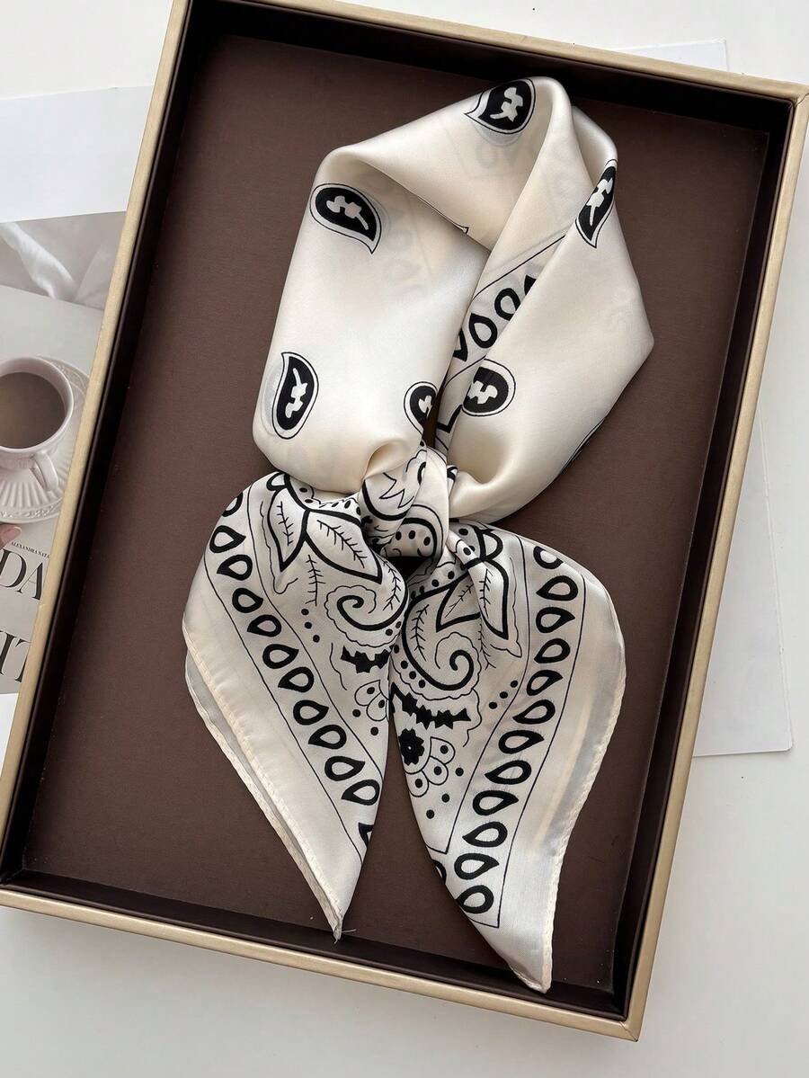 1pc Women Square Satin Bandana Scarf Paisley Printed Head Scarf Wrap - White - View 1