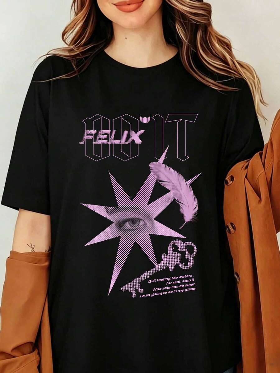 Felixss Strays Kidss DominATE K-Pop Graphic T-Shirt Lees Felixss World Tour Print Black Oversized Cotton Tee Men Women Streetwear Top, SKZ - Do It - (Member Shirt) - Black - View 1