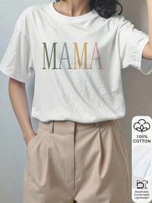 Blusa de algodón 100% con estampado de la letra "MAMA", de manga corta, informal, camiseta gráfica, tela suave, ropa de algodón, ropa para exteriores, estampado impreso, camiseta de verano, camiseta de mujer, blusa de verano, atuendo de vacaciones, estilo de viaje, ambiente de playa, ropa de resort minimalista en color blanco - Blanco - Ver 3