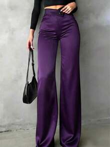 Pantalones rectos de satén de cintura alta para mujer, aptos para uso diario, oficina, traslados, hogar, citas, pequeñas fiestas y eventos sociales ligeros.Color: Negro.Temporada: Primavera - Morado - Ver 7