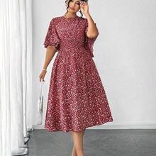 Elenzya Plus Size Women Ditsy Floral Round Neck Ruffle Sleeve Waist A-Line Midi Dress, Elegant Outdoor Wear - Verde - Ver 4