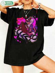 Hazbinn Hotell  Fan Art Grafikdruck T-Shirt, Rosa Dämon Overlord Cartoon-Charakter mit Niffty und Cherri Bomb, Liebesherz-Hintergrund, Retro  Ästhetik, Unisex Oversized 100% reines Baumwollgewebe. - Schwarz - Übersicht 1