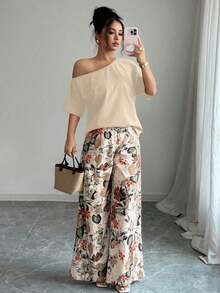 2 piezas Conjunto de top asimétrico de cuello sólido y pantalones con estampado tropical, estilo casual de vacaciones - Albaricoque - Ver 3