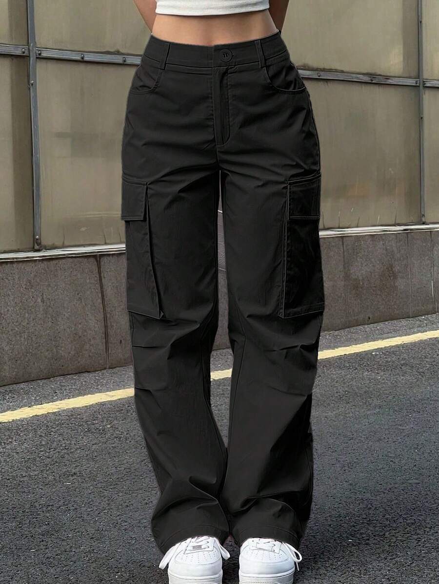 Casual Solid Color Minimalist Straight Leg Cargo Pants Black Spring - Black - View 1