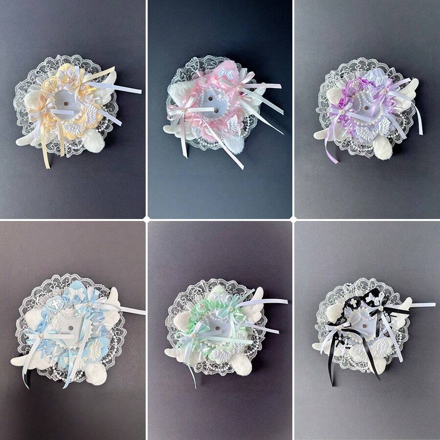 1个新款可爱甜美洛丽塔蕾丝圆形徽章夹，6种颜色可选（粉色、绿色、紫色、黑色、黄色），带蝴蝶结和毛茸茸的翅膀，手工DIY成品，动漫卡通游戏角色周边徽章展示装饰，宅男偶像粉丝配件 - A - 查看 1