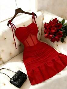 Nuevo vestido mini elegante y sexy con tirantes finos, de punto y malla, apropiado para citas y fiestas - Rojo - Ver 9