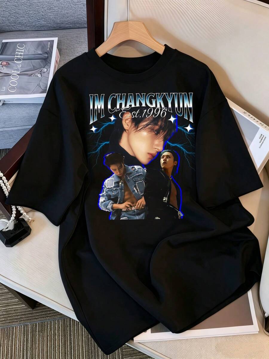 2026 T-Shirt, Vintage MONSTAs X IM CHANGKYUN Graphic T-Shirt, Oversized Casual T-Shirt For MONBEBE Fans, 1996 Retro Streetwear Top, Retro K-Pop Idol Bootleg Style Oversized T-Shirt, Vintage Graphic Print T-Shirt, Short Sleeve Casual Top, K-Pop Fan Merchandise, Black Streetwear T-Shirt For Fans, Vintage K-Pop Star Graphic T-Shirt, Short Sleeve Oversized T-Shirt With Retro Lightning Bolt Letter Print, Black Crew Neck Casual Top, Streetwear Style Idol Fan Gift, Comfortable Loose Fit Cotton Blend T-Shirt For Women And Men. - Black - View 1