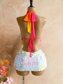 Blusa de mujer con encaje bordado, escote halter, espalda descubierta, tirantes con lazo, bajo fluido y elegante, adecuada para la playa, cruceros y resorts - Multicolor 5 - Ver 2