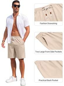 Men's Casual Cotton Linen Shorts Elastic Waist Drawstring Shorts Summer Beach Vacation - 米色 - 查看 5