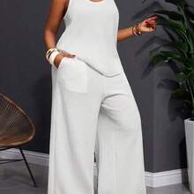 Slayr 2025 New Spring/Summer Plus Size Women's Vintage Western/Tropical/Music Festival/Club/Road Trip/Casual Street/City Vacation/Graduation Date/Elegant Vacation 2-Piece Set - Loose Sheer Textured Fabric U-Neck Sleeveless Tank Top With Elastic Waist Palazzo Pants - Blanco - Ver 2