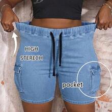 Slayr Plus Size High Waist Skinny Sexy Cargo Denim Shorts - Lavado ligero - Ver 2