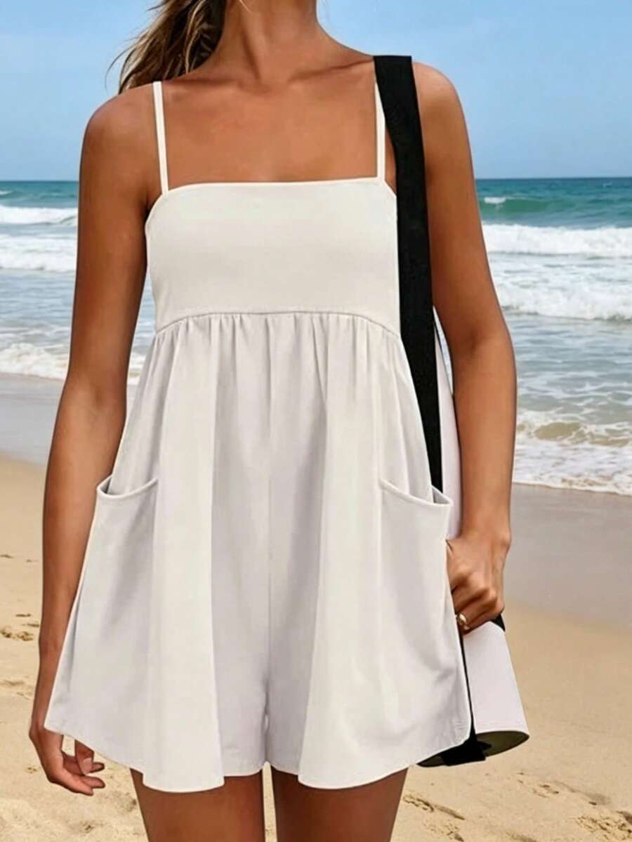 Women Casual Romper Sleeveless Square Neck Playsuit Loose Fit Wide Leg Short Jumpsuit Lightweight Breathable Lounge Outfit Beach Vacation Style Pocket Design Summer Travel Outfit For Women - 白色 - 查看 1