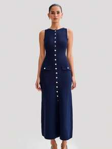 New Collection Sleeveless Fitted Knit Dress With Round Neck - Blue - View 3