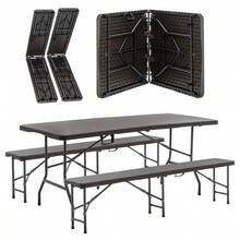 1.8m Folding Picnic Table With 2 Benches, 3 Piece Camping Set, HDPE Tabletop With Tree Print, Safety Lock, UV And Water Resistant, Black. - 棕色 - 查看 10