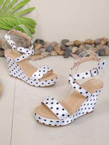 Mẫu sandal cao gót đế xuồng dày hở mũi mùa hè 2026 mới dành cho nữ, sandal cao gót quai điều chỉnh được, họa tiết chấm bi sang trọng và thời trang. - trắng - Xem 8