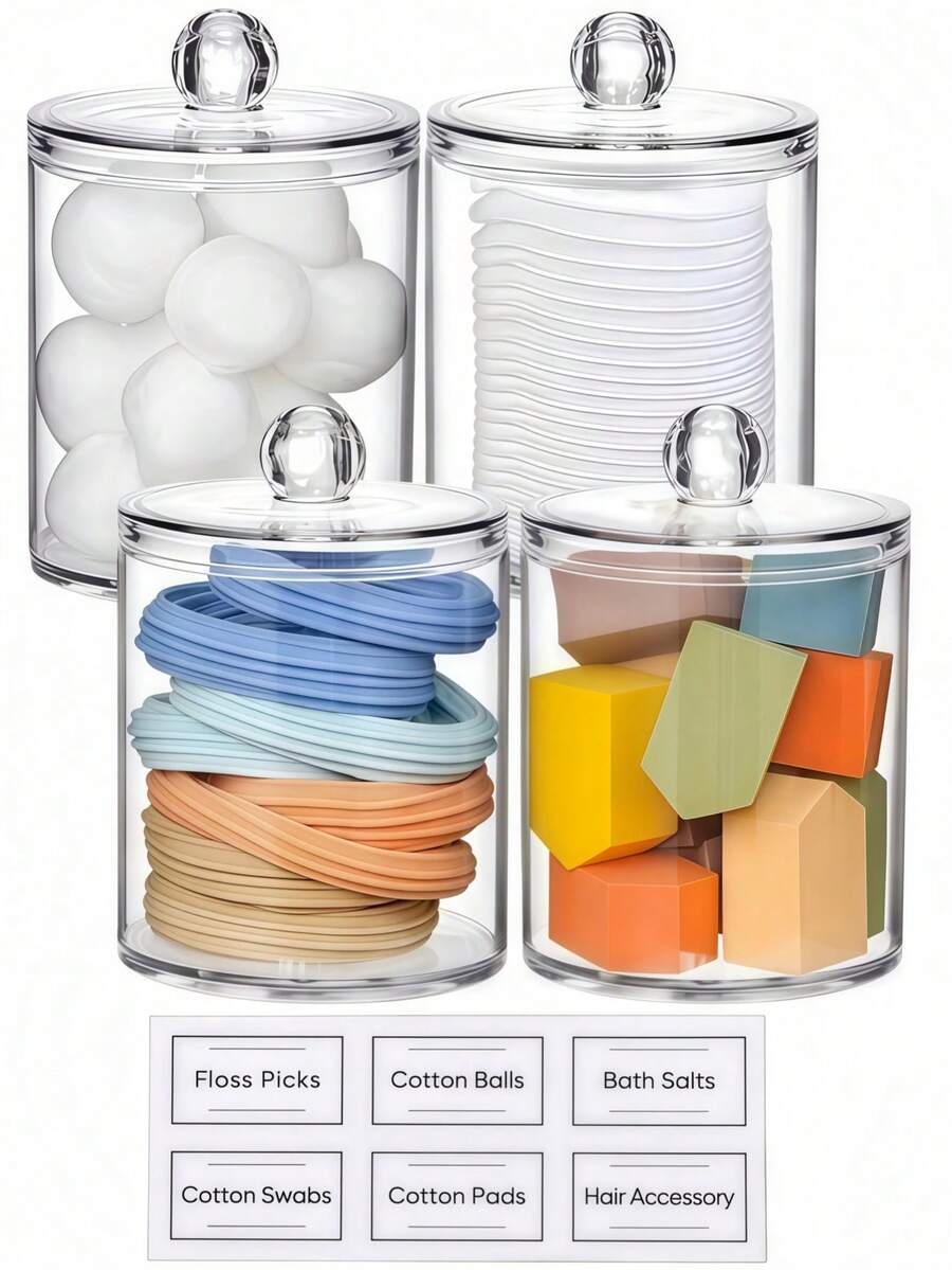 LMMAKE 4PCS Acrylic Qtip Holder Dispenser For Cotton Swabs, Balls, Pads, Floss Picks- Clear Plastic Canister Apothecary Jar Set, Bathroom Essentials Accessories Decor Vanity Makeup Storage Organizer