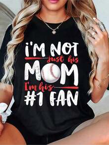 Mother's Day Set: Mother's Day Baseball T-Shirt With The Phrase "I'm Not Just Her Mom, I'm Her Number 1 Fan", Short Sleeve Round Neck T-Shirt, Casual Spring Top, Women's Clothing, Women's Tops. - 黑色 - 查看 1