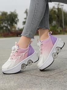 Transformable Roller Skates, Student Adjustable 4-Wheel Inline Skates, Dual-Wheel Explosion-Proof Walking Shoes With Buckle Laces, Suitable For Walking Wear, Upgraded 4-Wheel Roller Skates, Suitable For Fitness Walking - 1209 Pink Purple - View 3