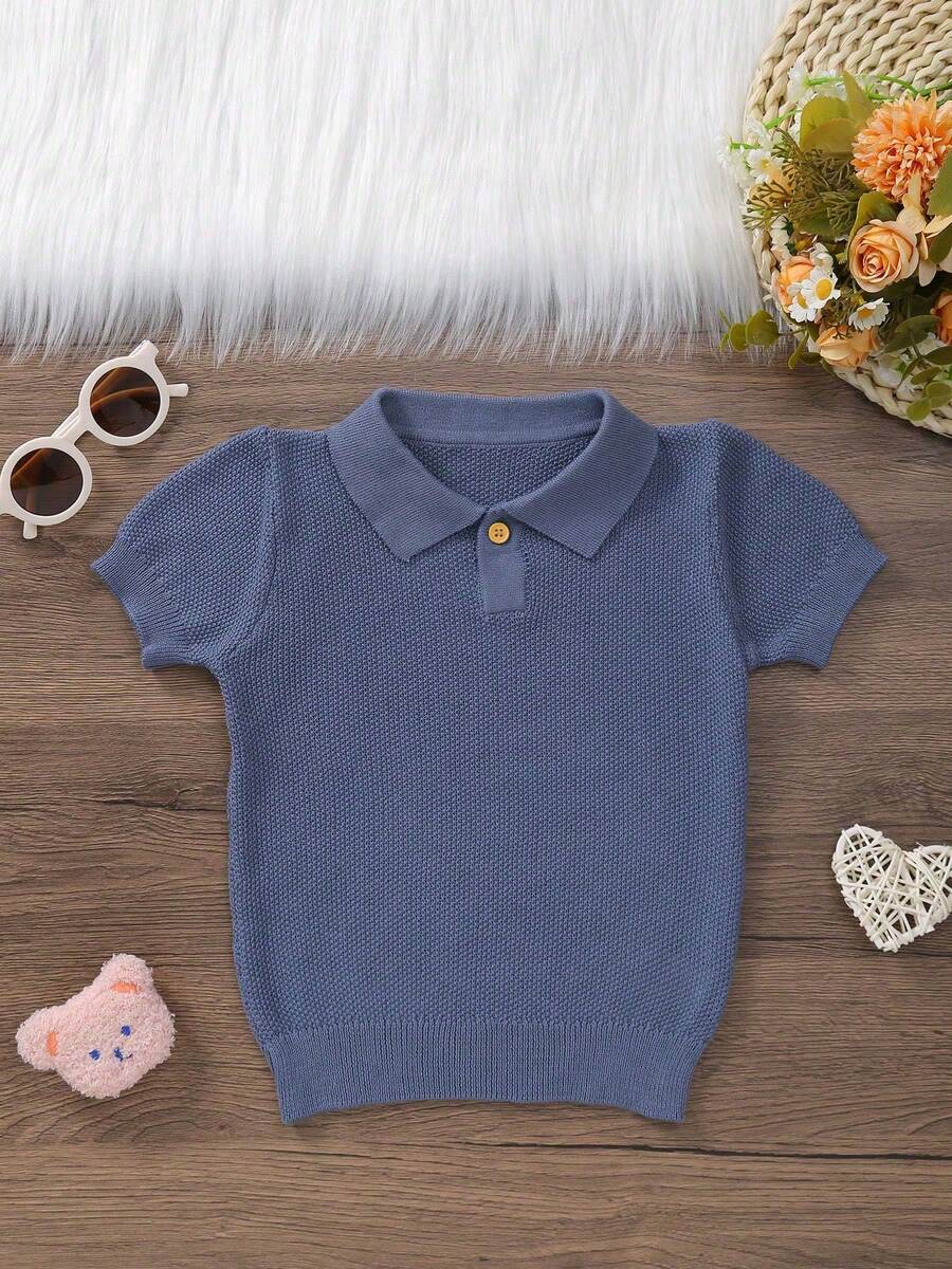 Áo chui đầu dệt kim cổ ngắn tay vừa vặn thoải mái cho trẻ sơ sinh, mùa hè - Xanh đậm - Xem 1