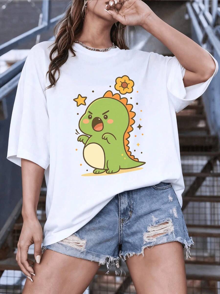 Cute Green Dinosaur Surrounded By Stars And A Flower That Conveys Cheerful And Fun Energy. Women's T-Shirt, 100% Cotton, Y2k T-Shirt Shirt - 白色 - 查看 1