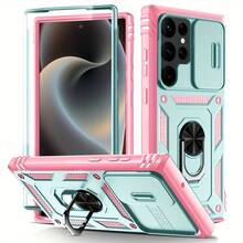 Funda a prueba de golpes para iPhone con soporte metálico giratorio, protección de lente con ventana deslizante y función de carga inalámbrica para coche - Negro - Ver 3