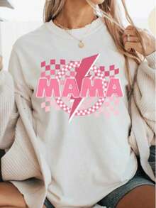 1 Piece Women's Graphic Print T-Shirt, College Style T-Shirt For Mom, Plaid T-Shirt For Mom, Mother's Day Gift, Lightning Bolt Print Sweatshirt For Mom, Mother's Day T-Shirt Gifts For Mom's Birthday, Casual Short Sleeve Crew Neck T-Shirt For Women, 1 Piece Fashion Shirt, Gift For Mom, Thanksgiving Gift, 180g 100% Cotton, All Patterns Are Printed. Unisex. - 白色 009 - 查看 12