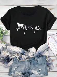 Women's Short Sleeve Cotton T-Shirt, Horse And Heart Print For Valentine's Day, Comfortable And Soft Sports T-Shirt, Casual Short Sleeve Running Top With Round Neck, Women's Sportswear. - 黑色 - 查看 6