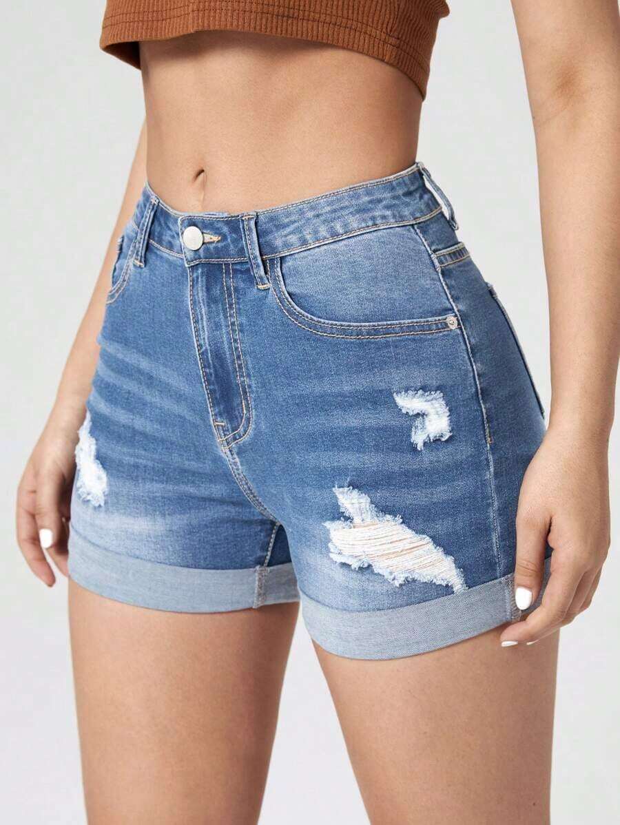 Pantalones Cortos De Mezclilla Con Borde Deshilachado - Azul lavado medio 2 - Ver 1