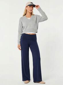 Women's Spring Summer Baggy Pants Foldover Waist Solid Color Loose Wide Leg Pants - Blue - View 3